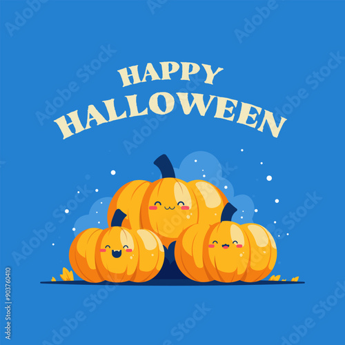 Happy Halloween greeting card with cute pumpkins. Cute cartoon vector illustration.