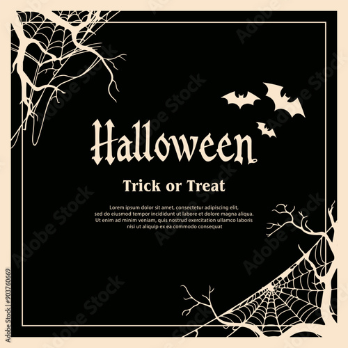 Halloween background with spider web, bats and spider web. Vector illustration.