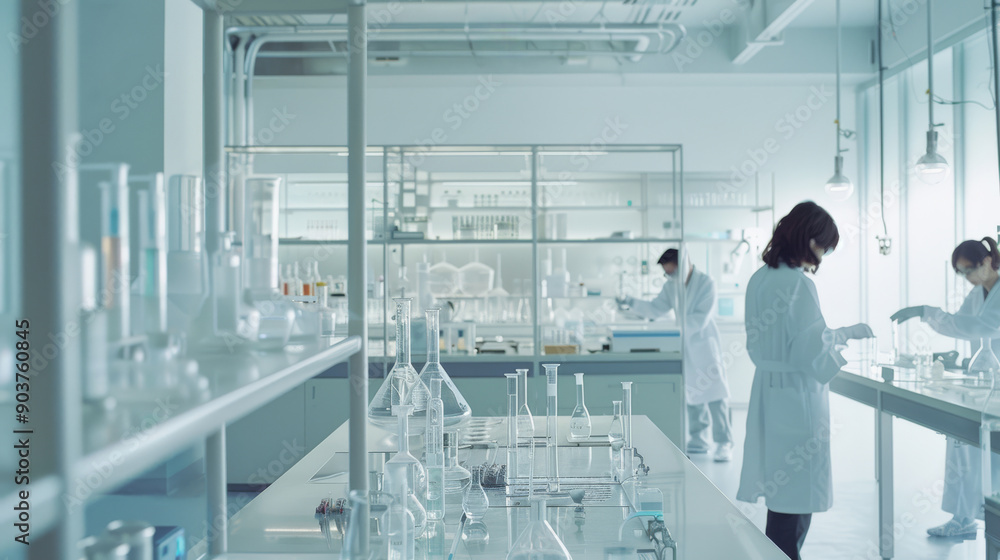 Scientists working diligently in a modern laboratory equipped with glassware and scientific instruments, highlighting a sterile and professional environment. Scientists working diligently in a modern laboratory equipped with glassware and scientific instruments, highlighting a sterile and professional environment.