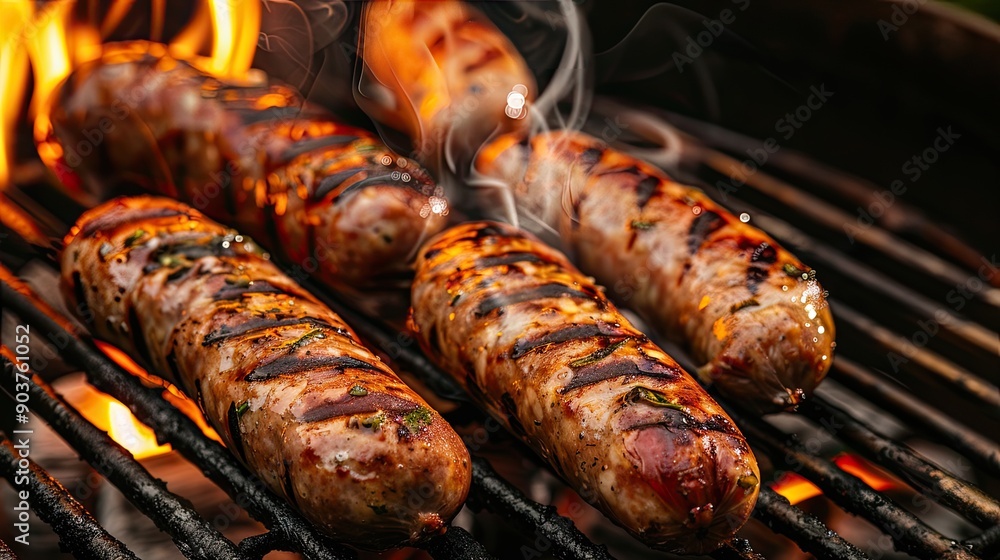 Grilled sausages on a barbecue grill. This photo is perfect for illustrating a barbecue, food, and cooking blog post. Grilled sausages on a barbecue grill. This photo is perfect for illustrating a barbecue, food, and cooking blog post.