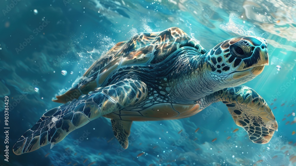 Obraz premium Sea turtle swimming underwater. This photo is perfect for websites or brochures about marine life.