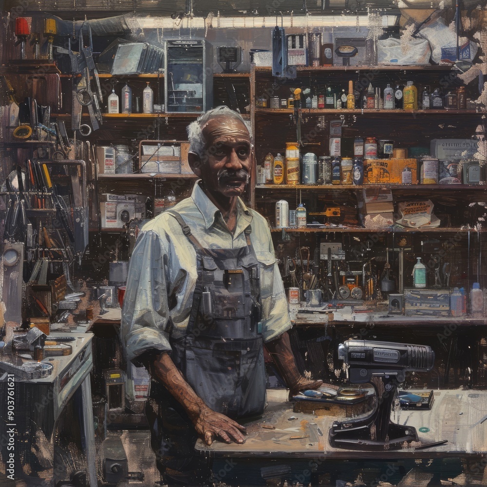 An elderly African American man in overalls stands in his cluttered workshop, smiling with pride amidst tools and materials. An elderly African American man in overalls stands in his cluttered workshop, smiling with pride amidst tools and materials.
