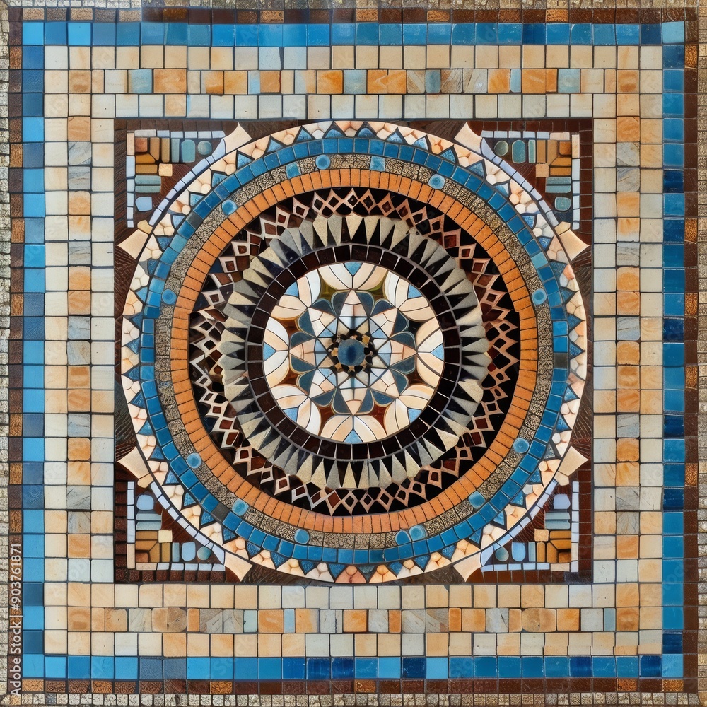 Obraz premium Intricate geometric mosaic design featuring warm and cool tones in a circular pattern.