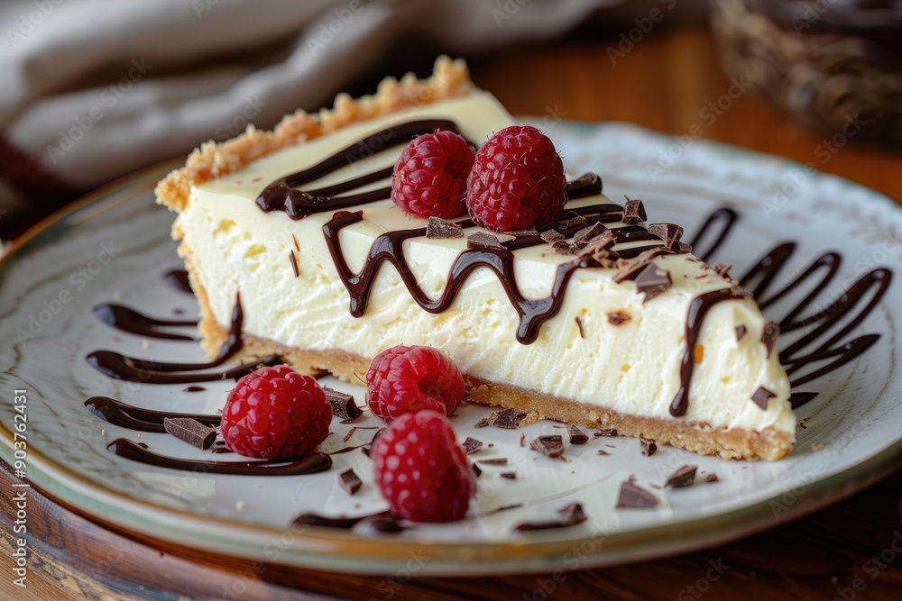 A slice of cheesecake with chocolate and raspberries. Perfect for use in recipes, articles, or food blogs about desserts. A slice of cheesecake with chocolate and raspberries. Perfect for use in recipes, articles, or food blogs about desserts.