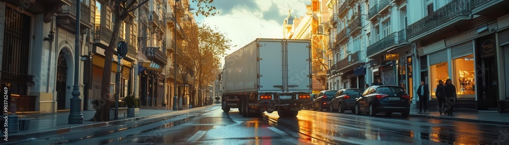A truck drives down a narrow city street, with buildings lining the sides. The street is wet from rain. A truck drives down a narrow city street, with buildings lining the sides. The street is wet from rain.