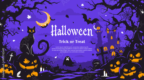 Halloween violet background with black cat, pumpkin, bats, cemetery and castle. Vector illustration.