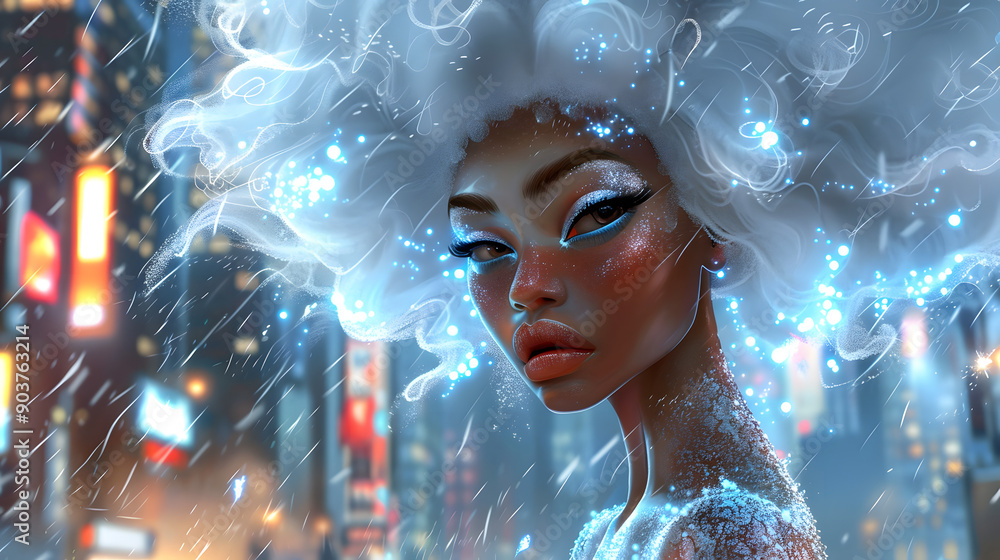 A Japanese girl with white curly hair. Wearing light blue and silver in the city at night A Japanese girl with white curly hair. Wearing light blue and silver in the city at night