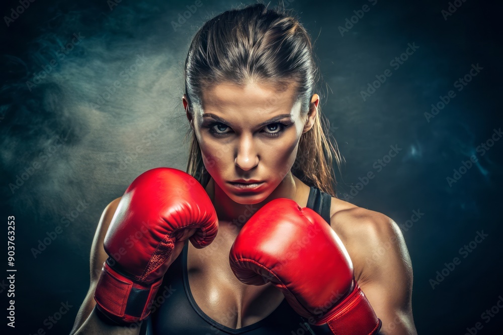 Determined female boxer stands poised in fighting stance, wearing bold red gloves, her fierce gaze and tensed muscles signaling readiness to strike.