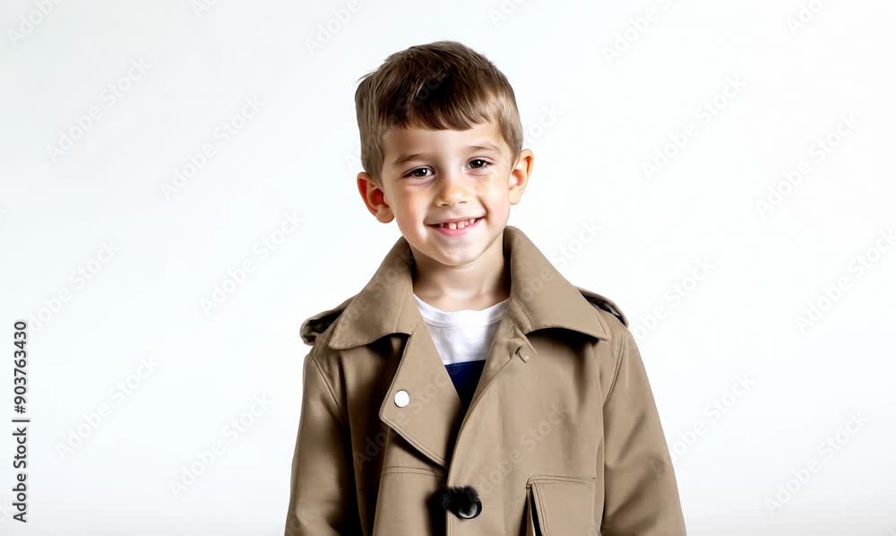 Cute little boy in a beige coat on a white background Cute little boy in a beige coat on a white background