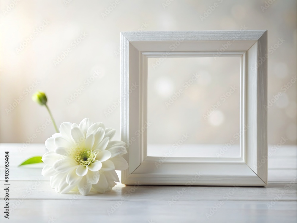 A delicate white picture frame lies empty on a soft focus background, adorned with a single fresh flower, symbolizing elegance and simplicity in composition. A delicate white picture frame lies empty on a soft focus background, adorned with a single fresh flower, symbolizing elegance and simplicity in composition.