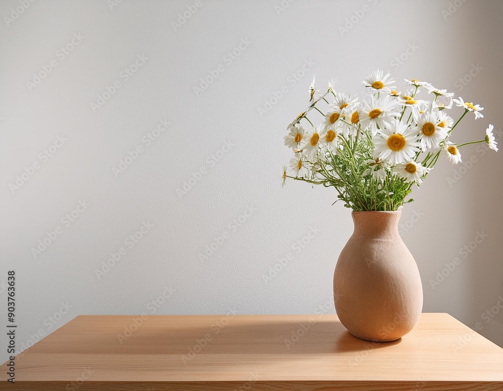 Simple Beauty: Beige Clay Vase with Chamomile Flowers on Wooden Table Against White Wall Simple Beauty: Beige Clay Vase with Chamomile Flowers on Wooden Table Against White Wall