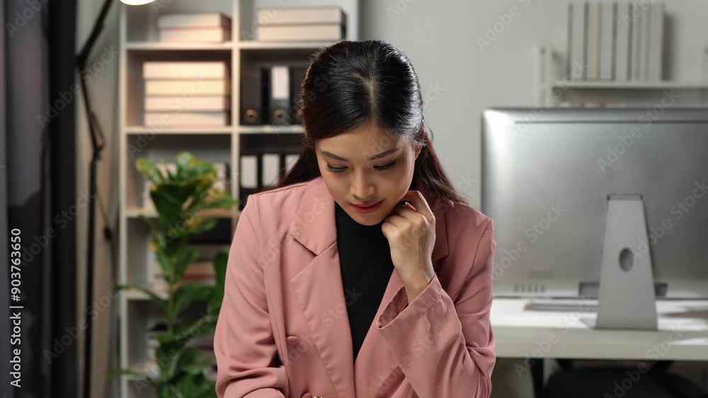 Asian business woman sitting in office looking at detailed graphs on laptop computer. Real estate business growth data chart in documents on business files in office online startup business ideas.