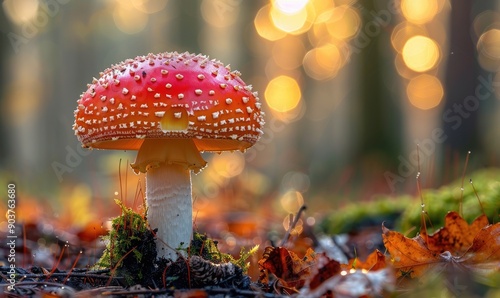 A vibrant red Amanita muscaria mushroom in a sunlit forest. Generate AI