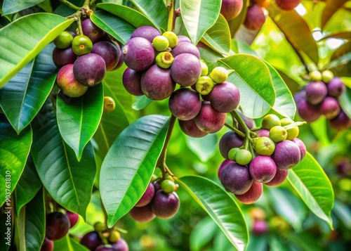 Lush green leaves surround a vibrant mangosteen tree branch overflowing with ripe purple fruits, set against a soft-focus, serene agricultural background with natural tones.
