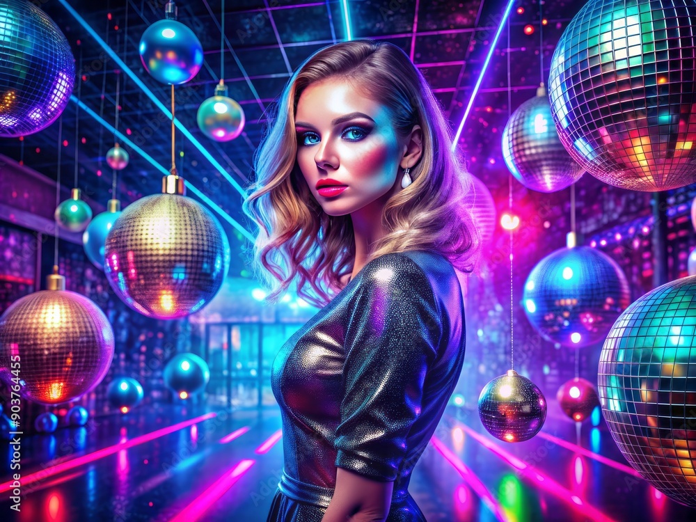 Vibrant generative AI collage featuring a stylish woman amidst mesmerizing neon lights, disco balls, and futuristic patterns in a trendy night club atmosphere. Vibrant generative AI collage featuring a stylish woman amidst mesmerizing neon lights, disco balls, and futuristic patterns in a trendy night club atmosphere.