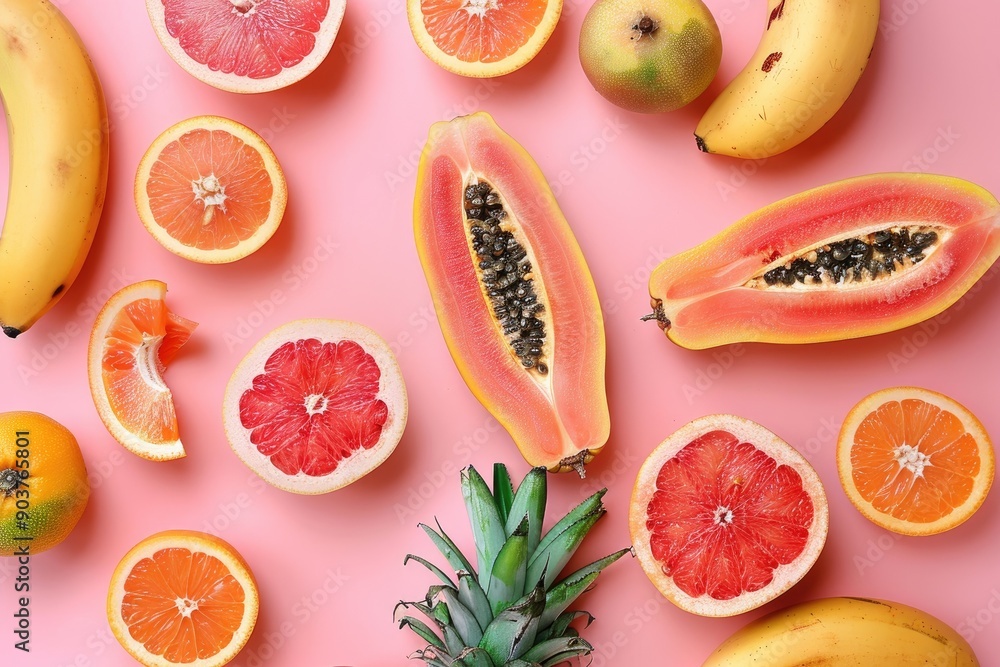 Fresh fruits on a pink background. This photo shows the many varieties of tropical fruits, perfect for advertising healthy eating or a tropical vacation. Fresh fruits on a pink background. This photo shows the many varieties of tropical fruits, perfect for advertising healthy eating or a tropical vacation.