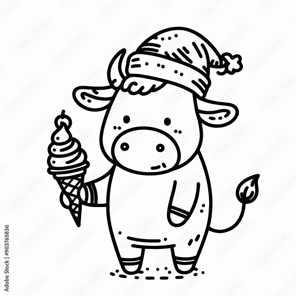 Obraz premium Cow wearing a santa hat and santa claus costumes hold a ice cream in Christmas Eve Holiday Funny Party Cute Doodle Cartoon Line Art Vector Clipart 