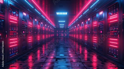 Futuristic server room with neon lights illuminating rows of network servers storing big data