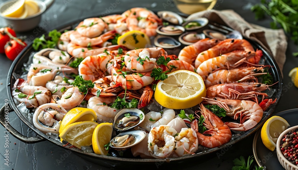 Seafood platter on a wooden table Seafood platter on a wooden table