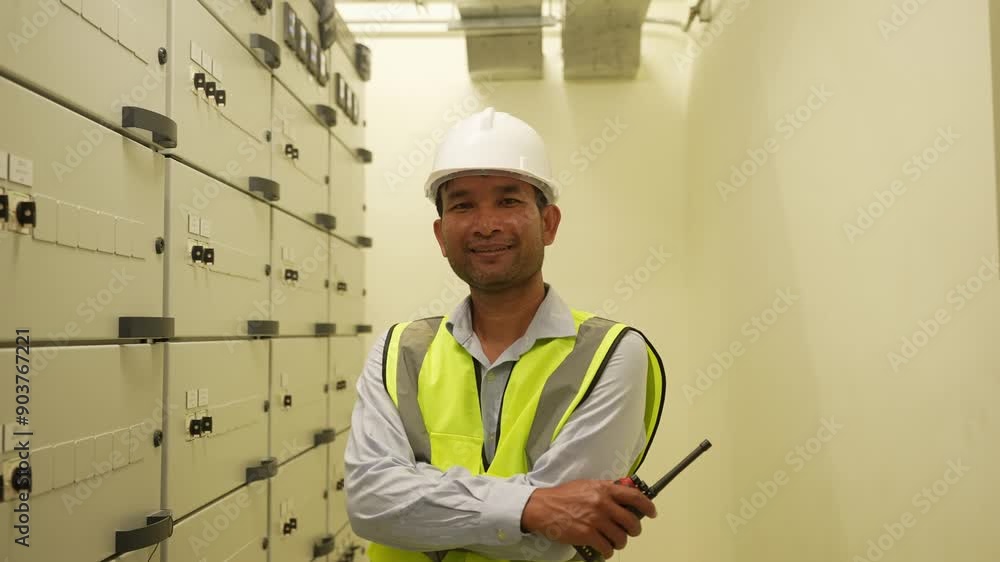 Engineer man in a yellow vest stands in front of a row of electrical boxes. He is wearing a hard hat and he is a worker in a factory Engineer man in a yellow vest stands in front of a row of electrical boxes. He is wearing a hard hat and he is a worker in a factory