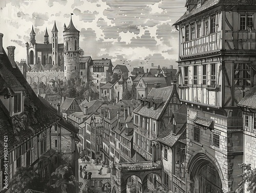 Engraving old cityscapes, depicting bustling streets and detailed buildings from historical cities, with a focus on the intricate line work and shading