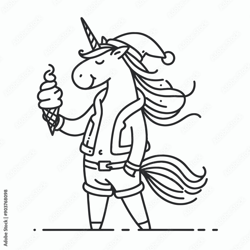 Unicorn wearing a santa hat and santa claus costumes hold a ice cream in Christmas Eve Holiday Funny Party Cute Doodle Cartoon Line Art Vector Clipart Unicorn wearing a santa hat and santa claus costumes hold a ice cream in Christmas Eve Holiday Funny Party Cute Doodle Cartoon Line Art Vector Clipart