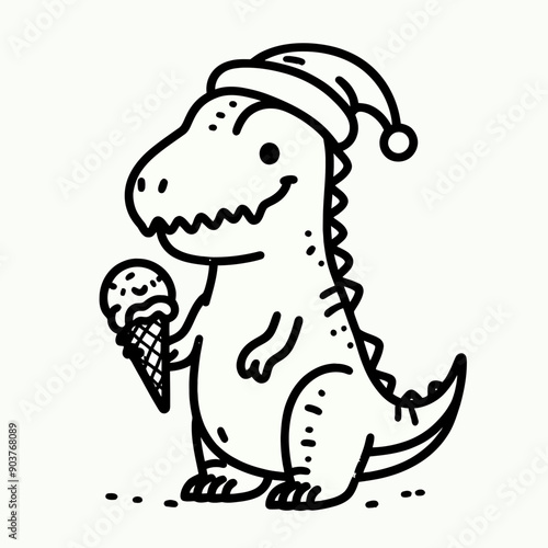  T rex wearing a santa hat and santa claus costumes  hold a ice cream in Christmas Eve Holiday Funny Party   Cute Doodle Cartoon Line Art Vector Clipart