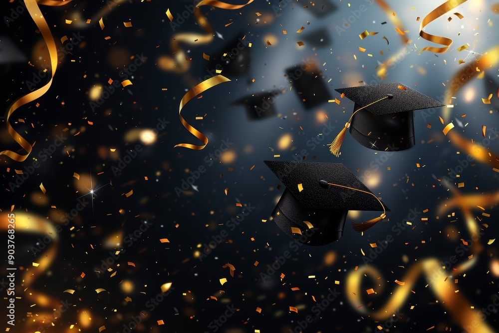 ภาพประกอบสต็อก Flying awards confetti. Flying graduation caps with ...