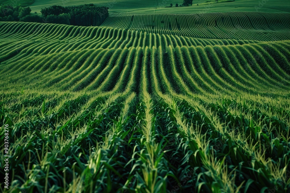 A scenic view of a rolling cornfield. This image can be used for agricultural, nature, and environmental themes. A scenic view of a rolling cornfield. This image can be used for agricultural, nature, and environmental themes.