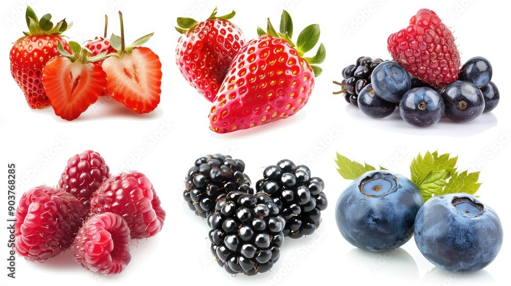 Assorted berries set isolated on white background, showcasing fresh strawberries, blueberries, raspberries, and blackberries Assorted berries set isolated on white background, showcasing fresh strawberries, blueberries, raspberries, and blackberries