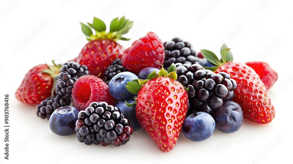 Assorted fresh berries isolated on white background, perfect mix of strawberries, blueberries, raspberries, and blackberries Assorted fresh berries isolated on white background, perfect mix of strawberries, blueberries, raspberries, and blackberries
