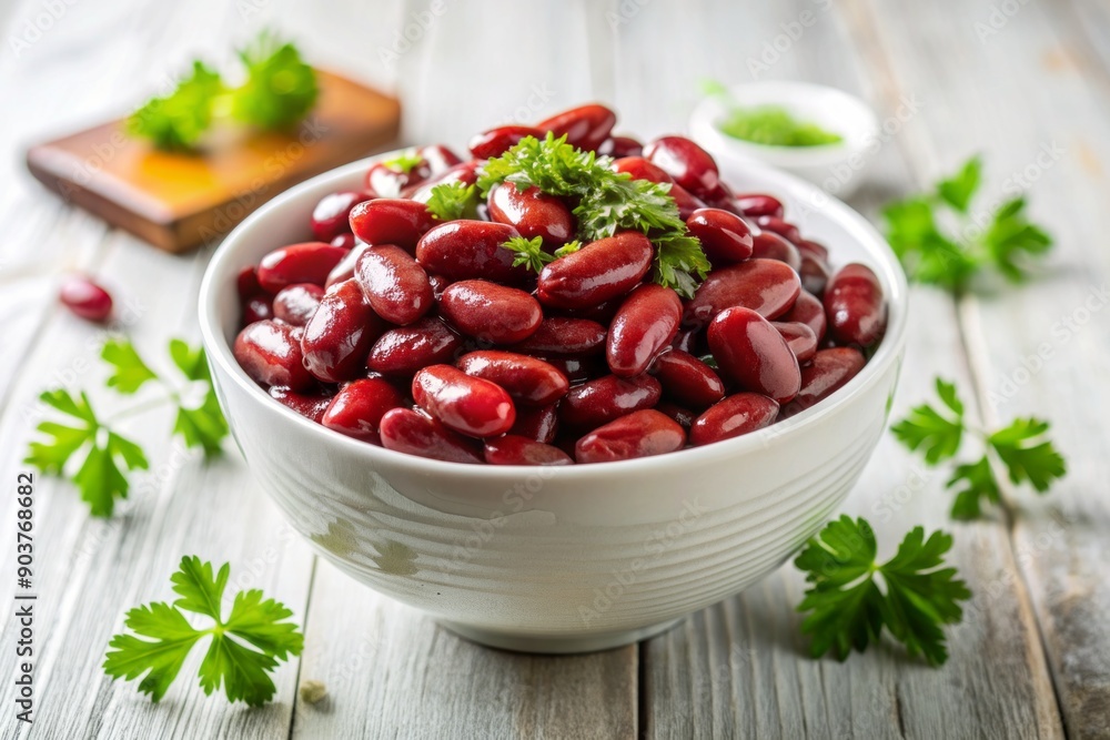 Freshly cooked red kidney beans in a white bowl, garnished with chopped fresh parsley and a sprinkle of sea salt, against a clean white background. Freshly cooked red kidney beans in a white bowl, garnished with chopped fresh parsley and a sprinkle of sea salt, against a clean white background.