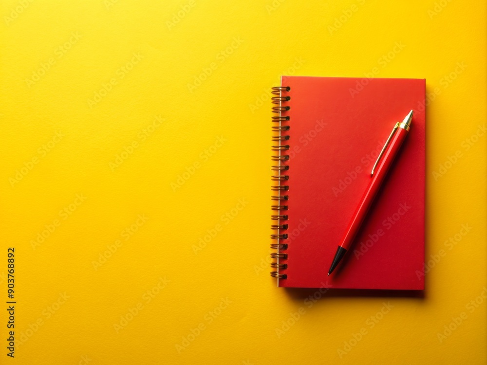 A vibrant yellow background features a bright red notebook, positioned in the top right corner, awaiting the stroke of a pen to capture inspiration and ideas. A vibrant yellow background features a bright red notebook, positioned in the top right corner, awaiting the stroke of a pen to capture inspiration and ideas.