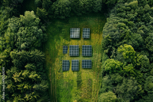 top view of solar panels in front of forest on lawn green grass