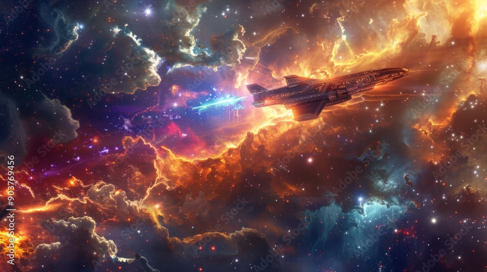 Naklejka premium Space tourism spacecraft flying past a distant nebula, with tourists captivated by the vibrant colors and shapes of the cosmic cloud 