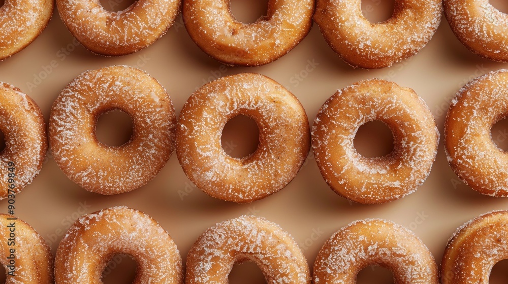 Delicious cinnamon doughnuts in a seamless pattern, highlighting their rich flavor and sugar coating Delicious cinnamon doughnuts in a seamless pattern, highlighting their rich flavor and sugar coating