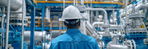 A photo of an industrial worker in a hard hat and uniform working on a gas plant. visible from behind with focus on the detailed machinery  photo