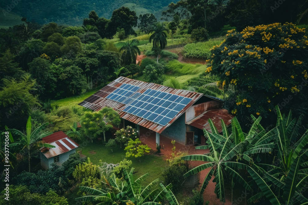 Old house solar panels on the roof in jungles Old house solar panels on the roof in jungles