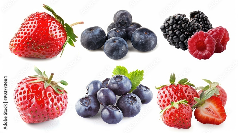 Fresh berries collection isolated on white background, featuring a mix of strawberries, blueberries, raspberries, and blackberries Fresh berries collection isolated on white background, featuring a mix of strawberries, blueberries, raspberries, and blackberries