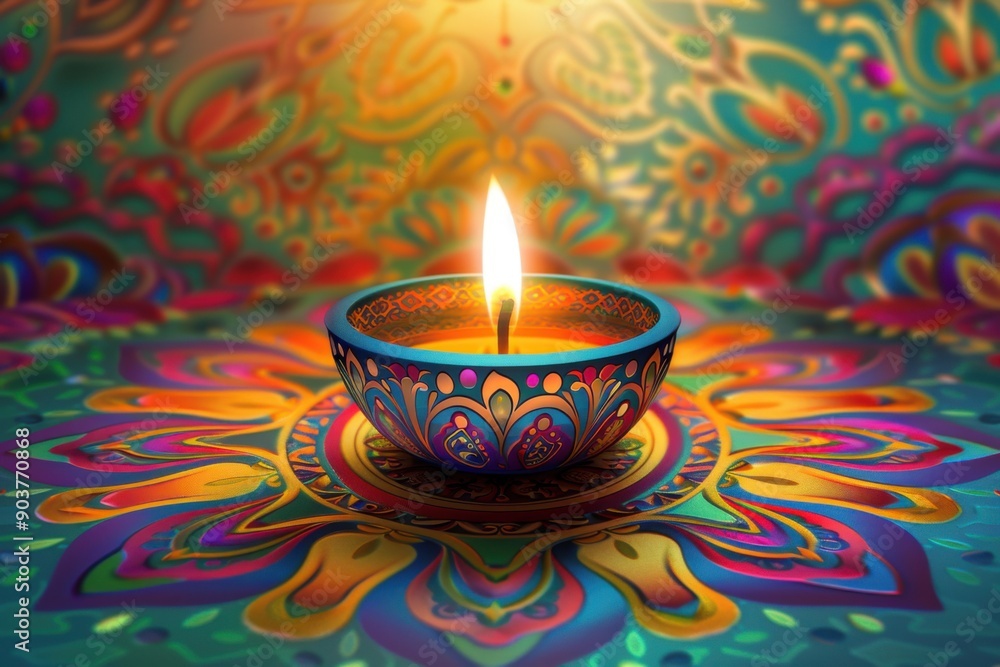 Paper Graphic of Indian Diya Lamp with Rangoli Designs Paper Graphic of Indian Diya Lamp with Rangoli Designs