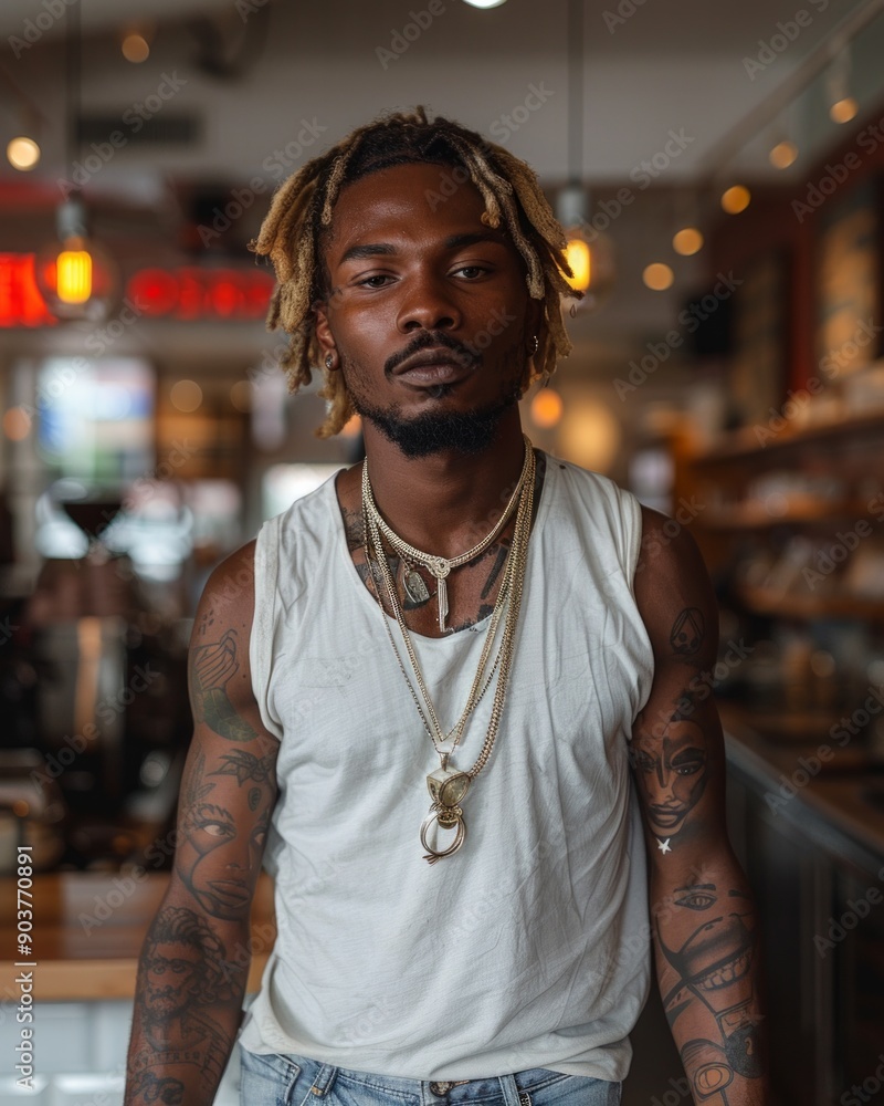 Fototapeta premium Attractive afro american hipster with a beard is drinking coffee posing in coffee shop