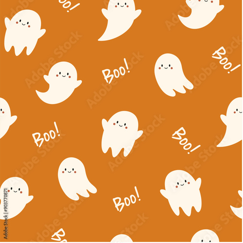 Halloween seamless pattern. Vector illustration of Halloween party. Cute ghost and the inscription Boo on a orange background. Holiday cartoon seamless pattern.