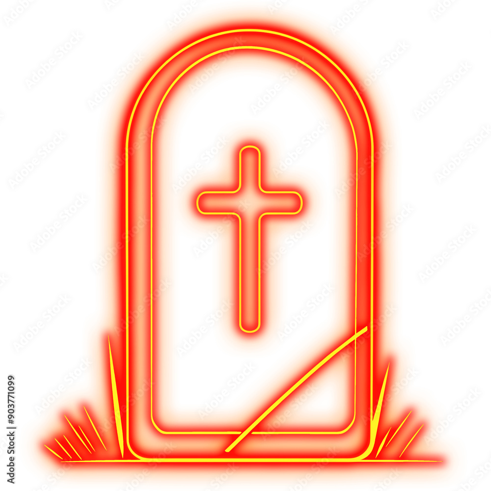 Obraz premium Glowing yellow neon Halloween gravestone icon 