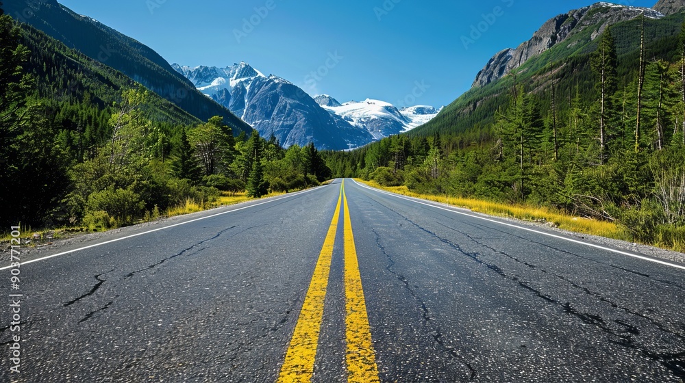 Naklejka premium Scenic Mountain Road Surrounded by Lush Forests and Majestic Peaks