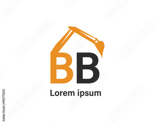 BB Vector Logo Design Template with Excavator Construction Graphic in Black and Orange