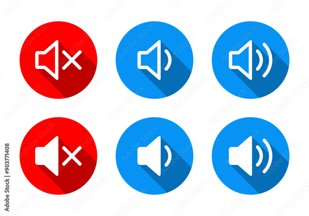 Mute and volume speaker icon with long shadow Mute and volume speaker icon with long shadow