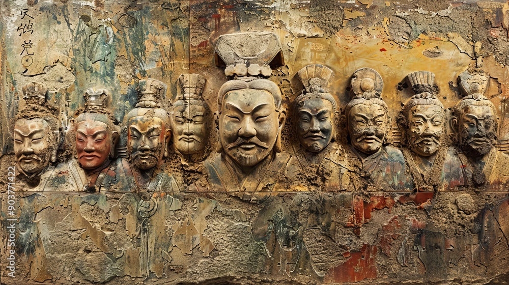 Ancient Stone Carvings of Warriors in a Historical Site Ancient Stone Carvings of Warriors in a Historical Site