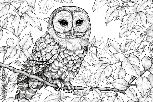 A drawing of a large owl perched on a branch. The owl is looking at the camera with its eyes wide open. The image has a peaceful and serene mood, as the owl is surrounded by nature