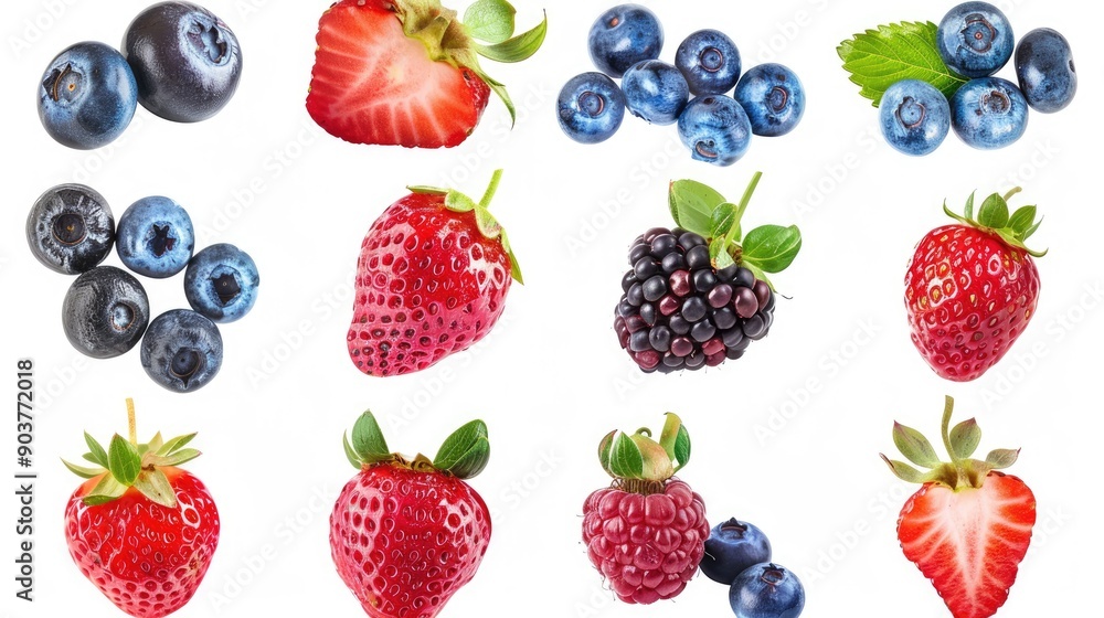 Mixed berries collection isolated on a white background, featuring fresh strawberries, blueberries, raspberries, and blackberries Mixed berries collection isolated on a white background, featuring fresh strawberries, blueberries, raspberries, and blackberries