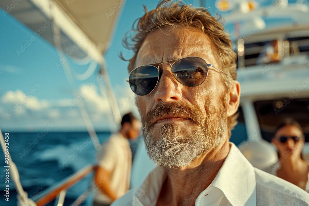 A man with a beard and sunglasses is standing on a boat. He is wearing a white shirt and sunglasses A man with a beard and sunglasses is standing on a boat. He is wearing a white shirt and sunglasses